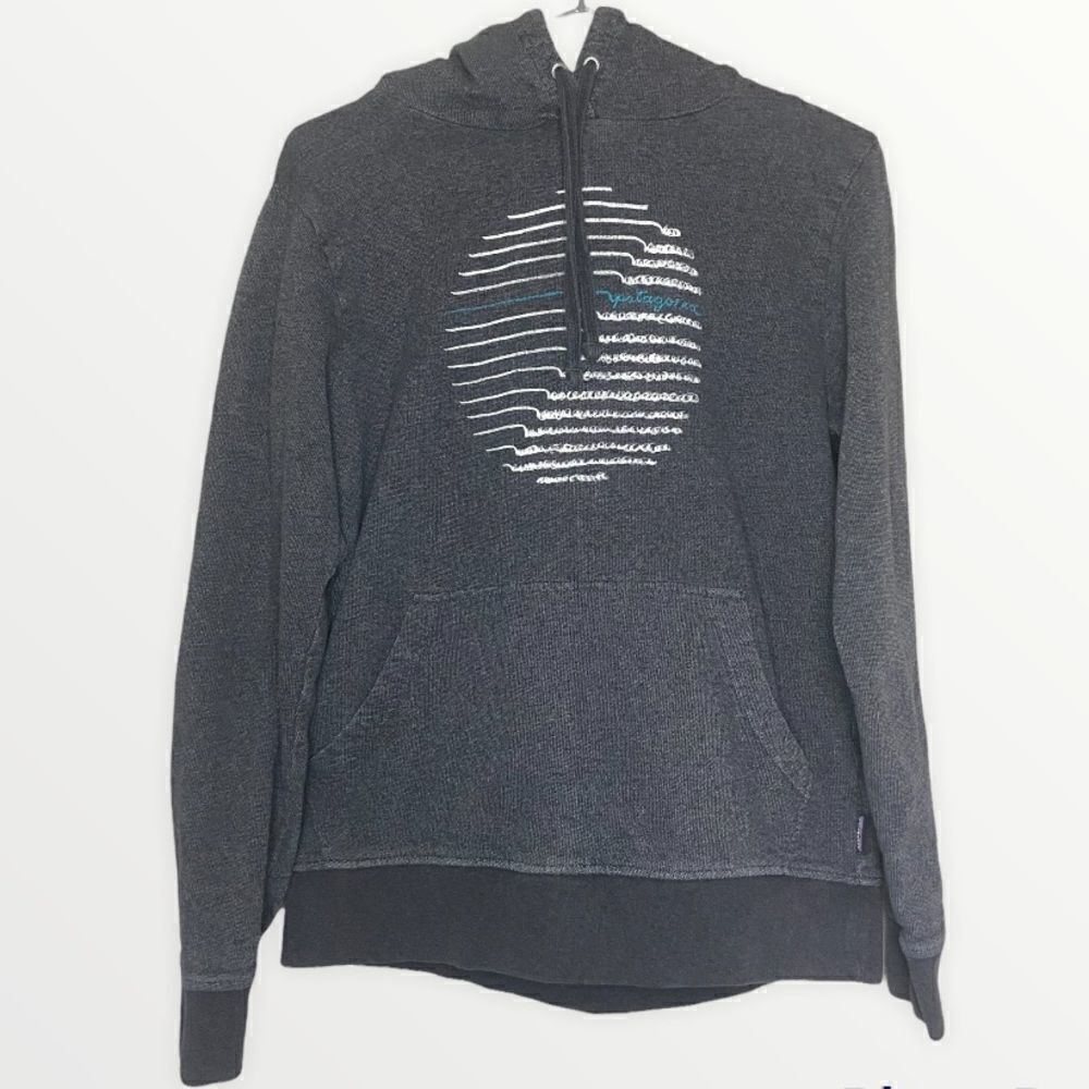 Patagonia Grey Organic Cotton Wave/Logo Print Sweater Hoodie Size Small